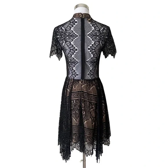 Lulu’s Ryse the Label Katie Black and Nude Lace Short Sleeve Skater Dress - Picture 11 of 15